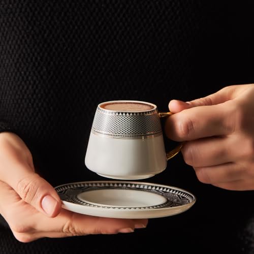KARACA Globe Turkish Coffee Cup Set of 6 - 80ml Small Espresso Cups with Saucers, Gold Handles, Black Pattern, Porcelain, Ideal for Turkish, Greek & Arabic Coffee