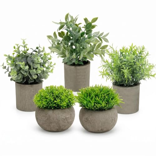 Small Artificial Potted Plants in Cement Pots - Faux Greenery Home Decor