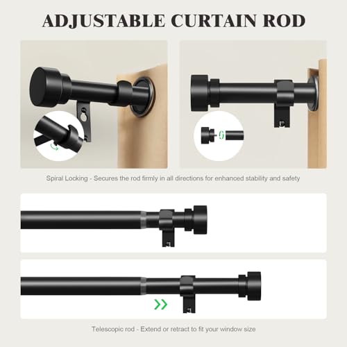 Black Heavy-Duty Adjustable Curtain Rod with Finials, 1-Inch (66"-120")