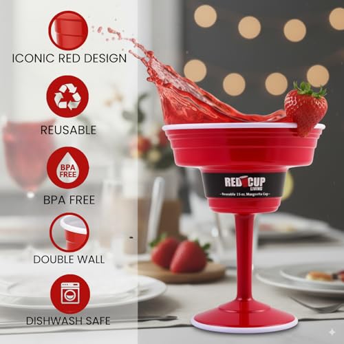 Red Cup Living Reusable 15 oz Plastic Margarita Glasses with Stem - Shatterproof Party Drinkware for Outdoor & Poolside, Variation 1