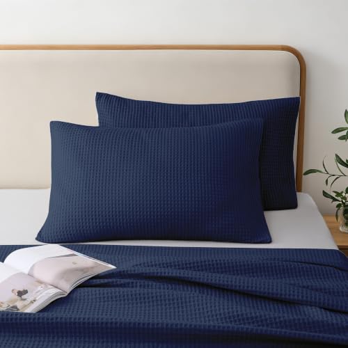 Waffle Weave Cotton Pillow Shams Set of 2, Standard 20x26, Navy Blue