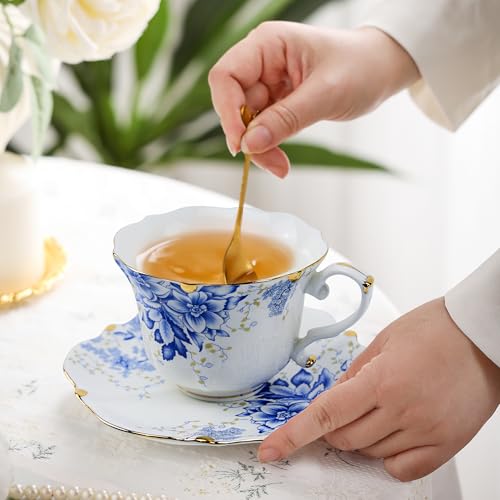 Harahiko Blue Country Roses Porcelain Tea Cup and Saucer Set with Gold Trim - Vintage Style, 8.5oz