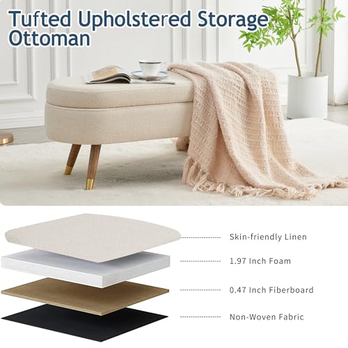 43.5" Oval Upholstered Storage Bench, Boucle Fabric Ottoman with Gold Legs