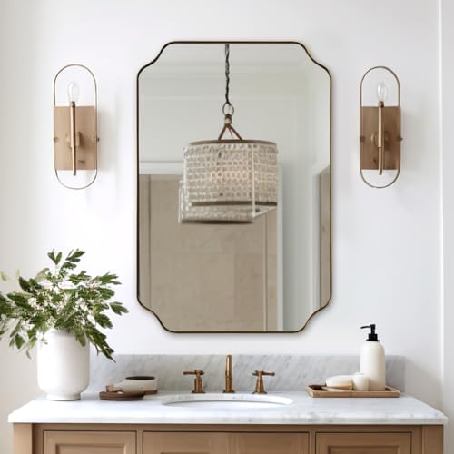 24x36 Brushed Gold Scalloped Wall Mirror for Bathroom and Vanity
