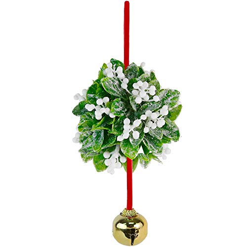 Hanging Mistletoe Kissing Ball Ornament with Bell - 10-Inch Christmas Decor