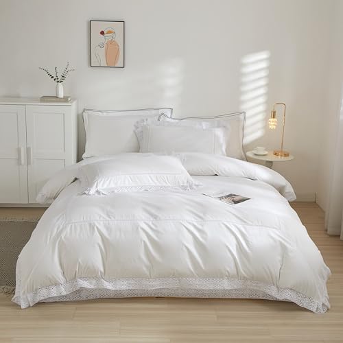 100% Cotton White Duvet Cover with Lace Trim - 90x90 Inches