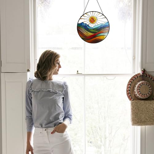Sun Mountains Stained Glass Suncatcher - 7.9'' Boho Window Decor