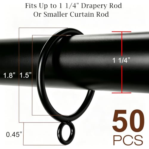 50 Pack Heavy Duty Metal Curtain Rings with Eyelets - 1.5 Inch Black