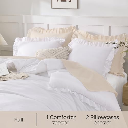 3-Piece White Ruffle Comforter Set, Soft All-Season Farmhouse Bedding