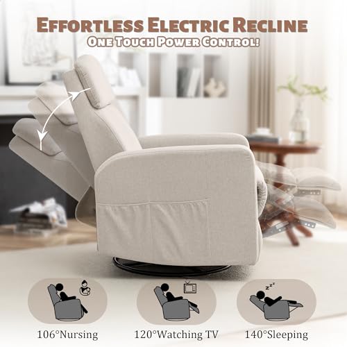 Power Swivel Rocker Recliner Chair with USB Ports and Side Pockets, Beige