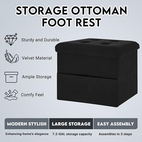 Small Velvet Storage Ottoman with Side Pocket, Foldable Footrest 16x12x12