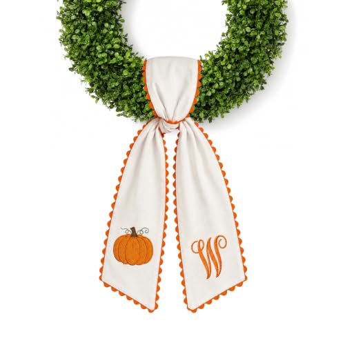 Halloween Pumpkin Wreath Sash - Fall Front Door Decor with Embroidered Trim
