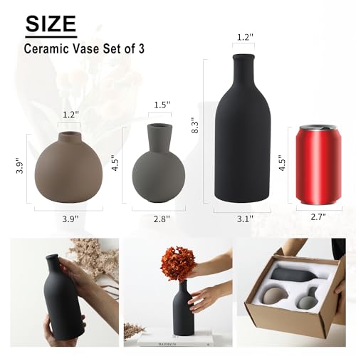 Rustic Ceramic Vase Set of 3 - Farmhouse Pottery Vases for Flowers