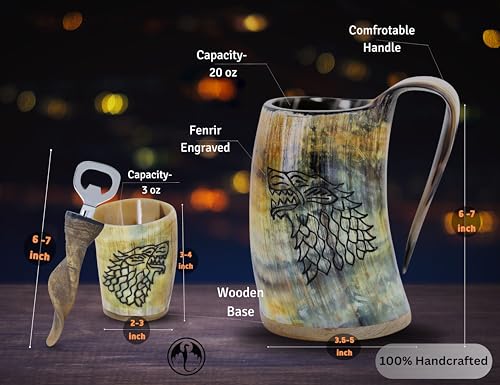 Handcrafted Viking Horn Mug Set with Shot Glass and Bottle Opener