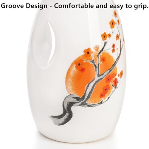 Tosnail 5-Inch Ceramic Japanese Sake Set with Carafe, 4 Cups & Bamboo Tray – Orange Blossom, 1 Serving