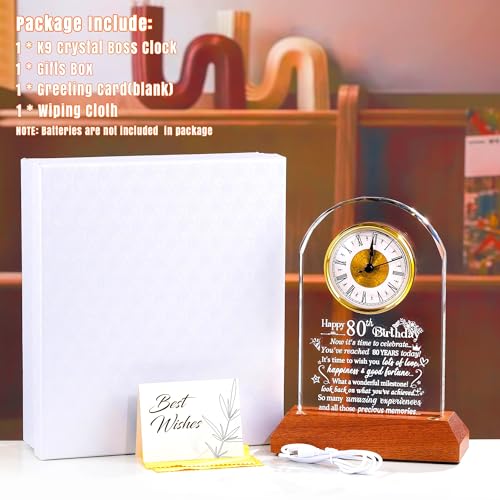 80th Birthday Glass Desk Clock with LED Wooden Light Base