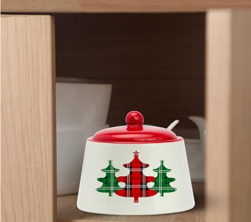 Christmas Ceramic Sugar Bowl with Lid - 8oz Festive Plaid Xmas Tree Design