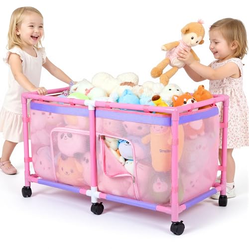 Large Rolling Toy Storage Bin with Mesh Sides and Rotating Wheels