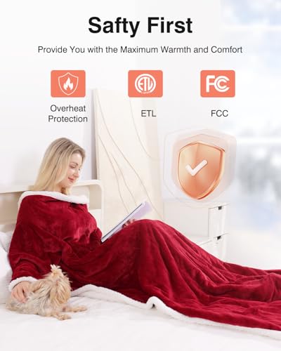 Yokimisu Wearable Heated Blanket with Sleeves & Foot Pockets, Electric Heated Robe, 6 Heating Levels, 50x70 inches, Red