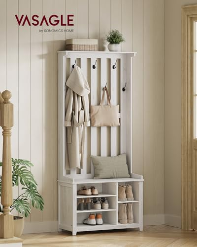 Rustic Hall Tree with Shoe Storage Bench and 7 Coat Hooks, White