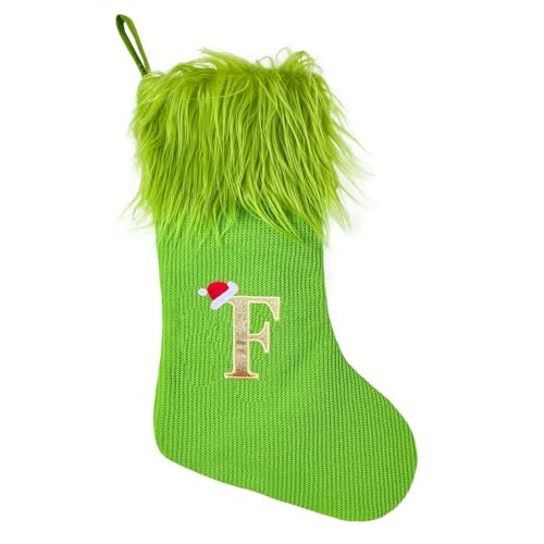 Bemuiz 18 Inch Green Monogram Christmas Stocking - F Variation, Elf Fur Trim