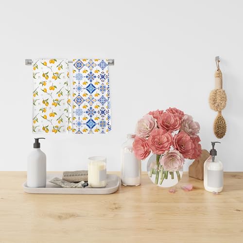 Dibor Italian Lemon Kitchen Towels Set of 2 - Mediterranean Decor, Yellow Lemon & Blue Tile, 16x24 Inches - Lemon4