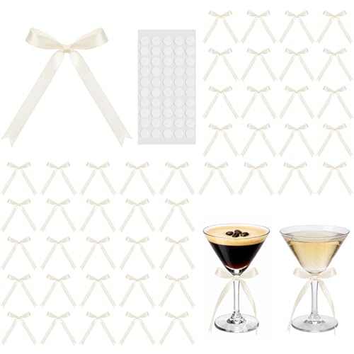 Riceshoot Ivory Mini Satin Bows for Wine Glasses - Pack of 50, 2.55 x 3.54 inches
