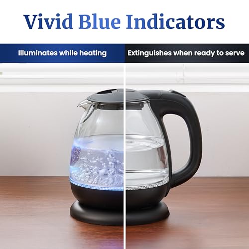 1.0L Electric Glass Kettle with Blue LED, Cordless Base & Auto Shut-Off