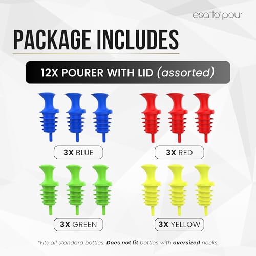 Esatto Assorted Pour and Seal Bottle Pourers with Lids - 12 Pack, Universal & Drip-Free