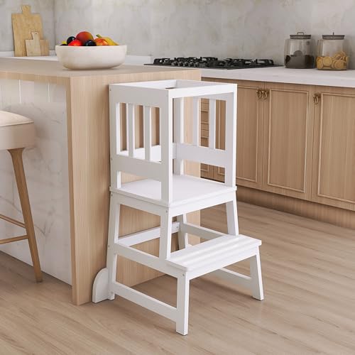 2-in-1 Toddler Learning Tower and Kitchen Step Stool - White Pinewood