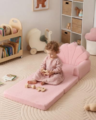 2-in-1 Foldable Kids Sofa Chair - Pink Shell Foam Convertible Play Couch