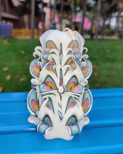 Handmade Rainbow Candle - Carved Gift for Her, White/Blue - Small