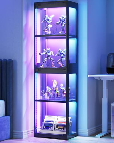 4-Tier Glass Display Cabinet with RGB Lights and Pop-Up Doors