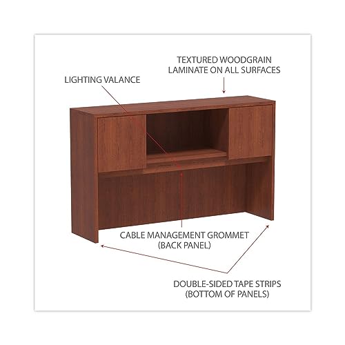 Woodgrain Laminate Desk Hutch with Doors, 59-Inch Wide, Medium Cherry