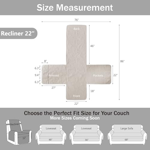 Quilted Recliner Chair Cover - Water-Repellent Non-Slip Slipcover (Beige, 22")