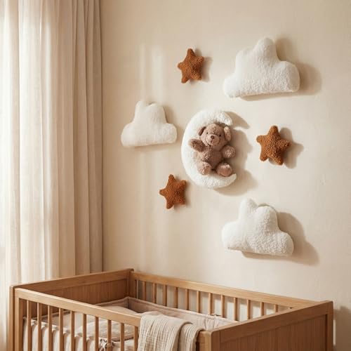 7-Piece Teddy Bear Nursery Wall Decor Set - Moon, Clouds, and Stars