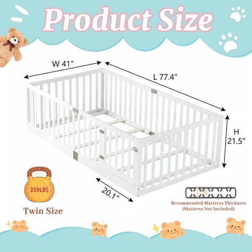 Twin Montessori Floor Bed Frame with High Guardrails and Door