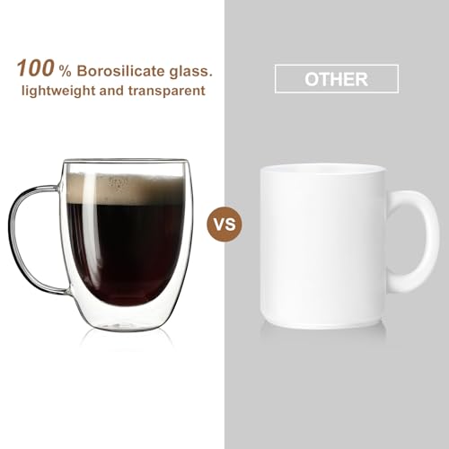 Aurzen 2 Pack 12oz Double Walled Glass Coffee Mugs with Handles, Insulated Borosilicate Drinkware, Microwave Safe