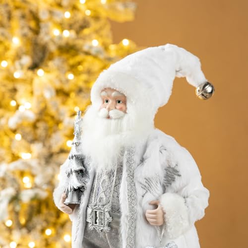 Frosty Santa 18" Figurine with Faux Fur - Glitzhome Traditional Christmas Decor (Snow Silver Coat) — Frosty Santa/18"h