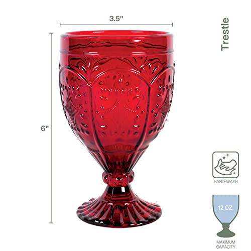 Red Ornate Glass Goblets, 12 oz Vintage Patterned Drinking Glasses, Set of 4