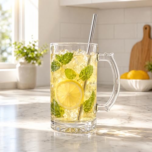 8-Pack 16 Oz Glass Beer Mugs with Handles and Stainless Steel Straws