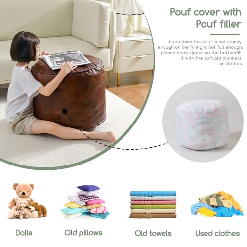 Round PU Leather Pouf Ottoman - 20x15 Inch Pre-Filled Foot Stool