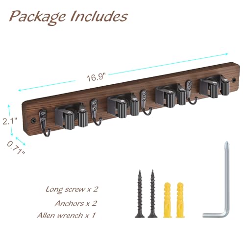 Rustic Wood Mop and Broom Holder Wall Mount with 4 Slots and 4 Hooks