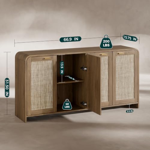67-Inch Rattan Sideboard Buffet Cabinet, Boho Oak Storage Credenza with 4 Doors