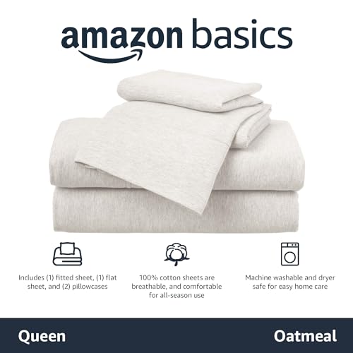 100% Cotton Jersey Knit Queen Bed Sheet Set - Deep Pocket 4-Piece
