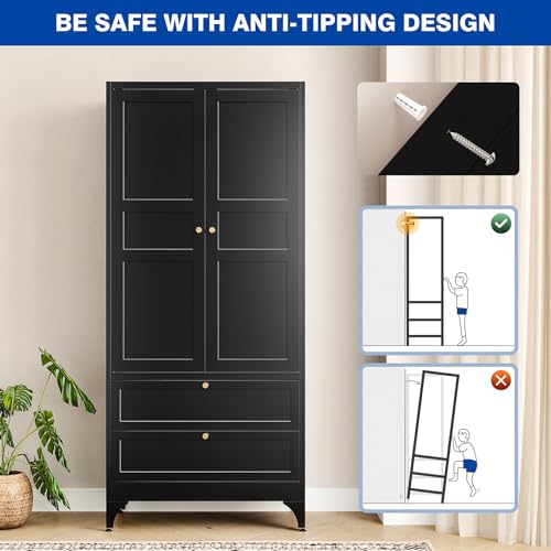 71-Inch Tall Metal Wardrobe Closet with 2 Drawers and Hanging Rod