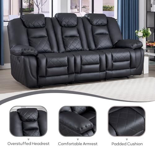 3-Seat Faux Leather Manual Reclining Sofa, Black Overstuffed Living Room Couch