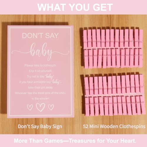 Don't Say Baby Shower Game Set with 52 Pink Clothespins and Sign