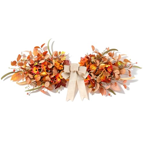 24-Inch Fall Teardrop Swag with Burlap Bow Artificial Autumn Floral Decor