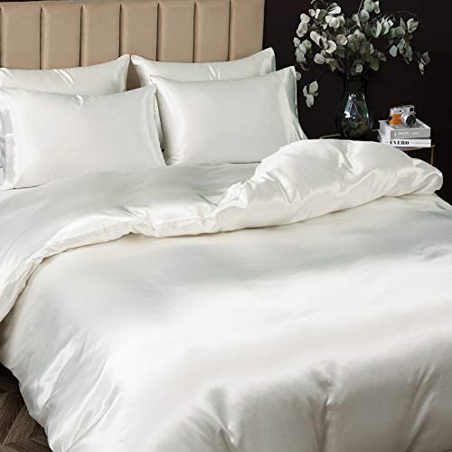 Ivory White Satin Duvet Cover Set - 5 Piece Full/Queen Bedding with Zipper